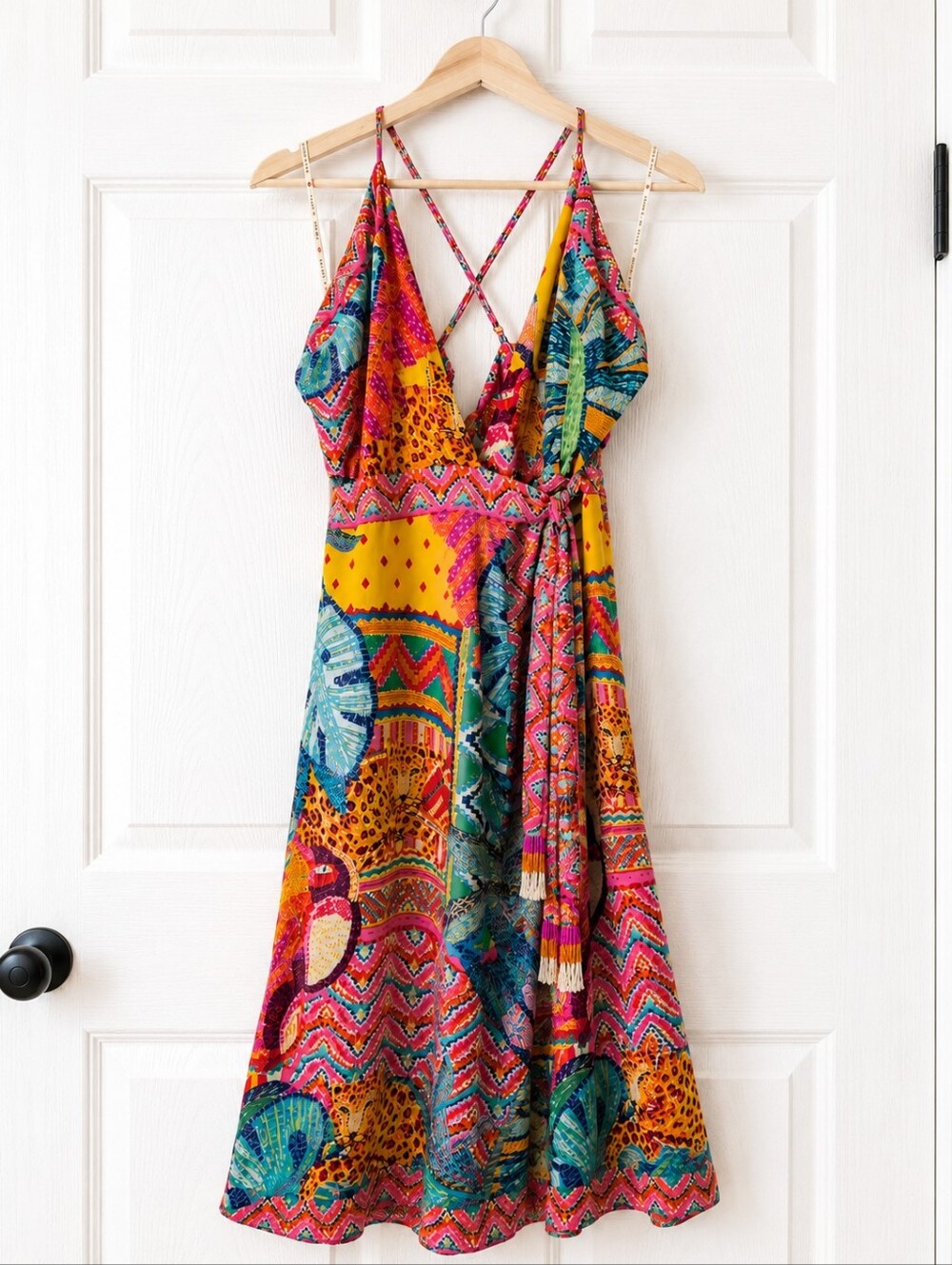 FARM Rio Colorful Tropical Patchwork Wrap Midi Dress Beaded Tassels Size M
